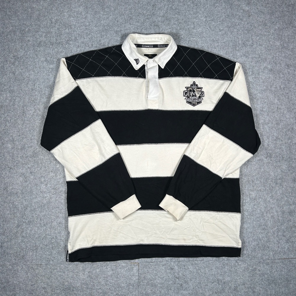 Guinness Rugby Shirt Mens XL Black White Striped Brewed In Ireland Beer Graphic